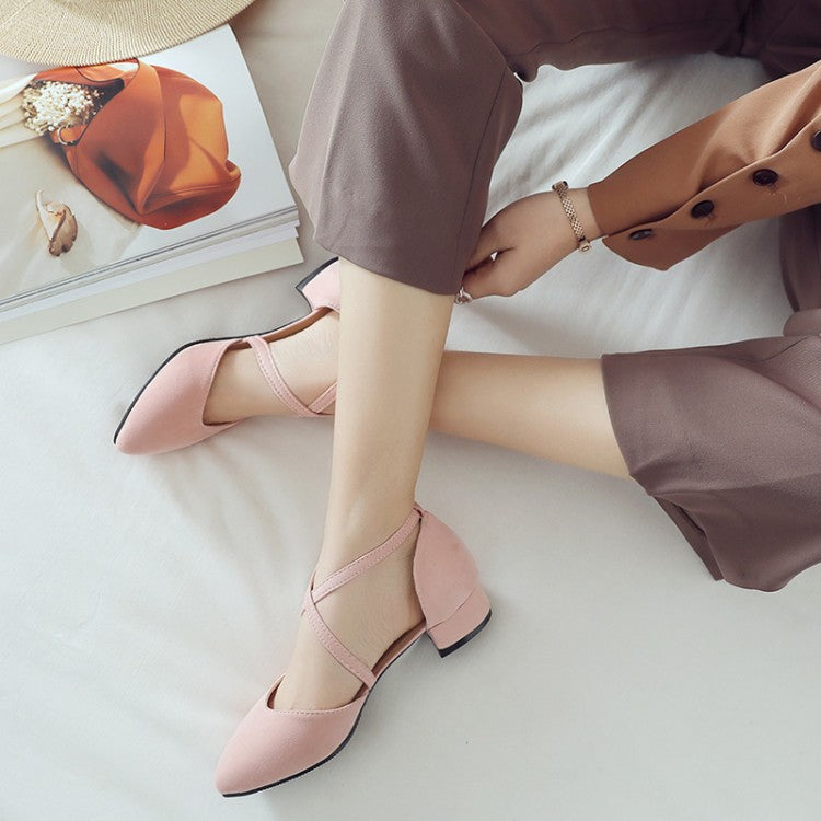 Women Suede Pointed Toe Hollow Out Block Heel Sandals