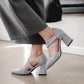 Women Pointed Toe Plaid Strap Block High Heel Sandals