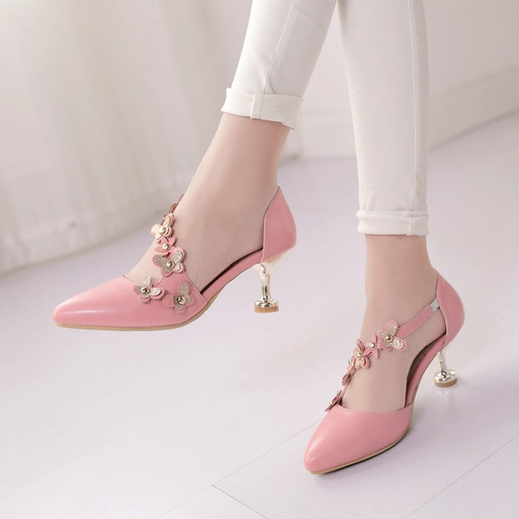 Women High Heels Flora Spool Heel Pointed Toe Hollow Out Ankle Strap Stiletto Sandals
