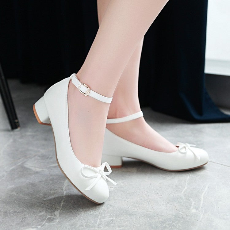 Women Ankle Strap Knot Chunky Heels Pumps Shoes