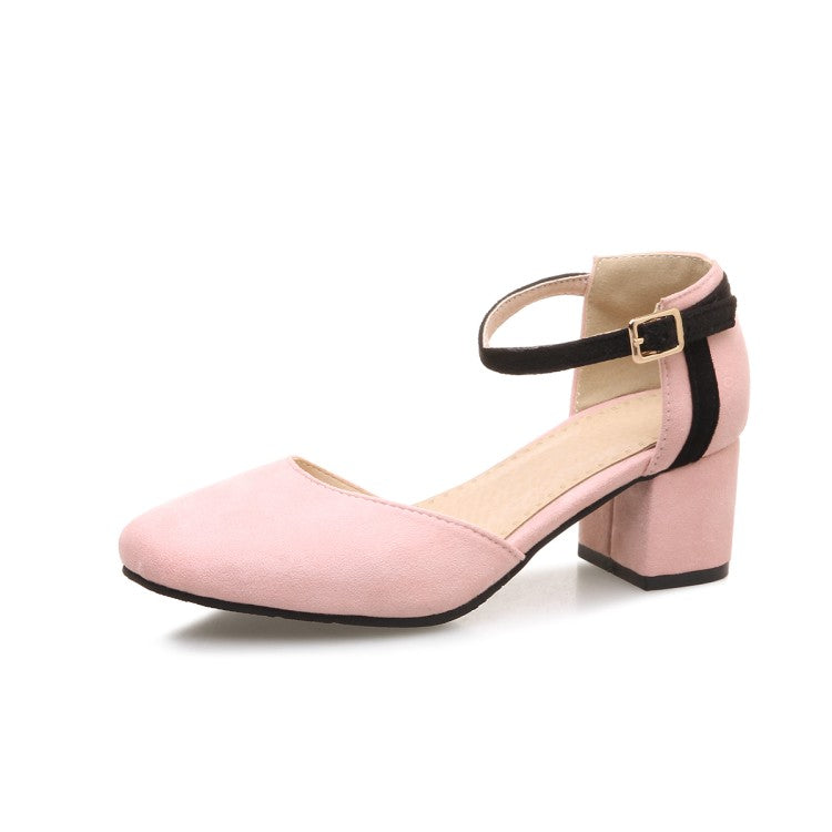 Women Suede Color Block Ankle Strap Block Heel Sandals – Shoeu