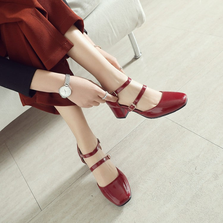 Women Patent Leather Round Toe Hollow Out Ankle Strap Block Heel Sandals