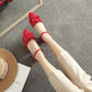 Women Suede Pointed Toe Ruffles Ankle Strap Block Heel Sandals