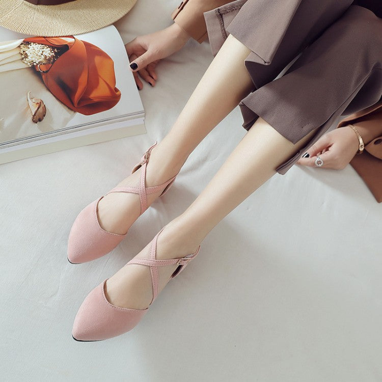 Women Suede Pointed Toe Ankle Strap Block Heel Sandals