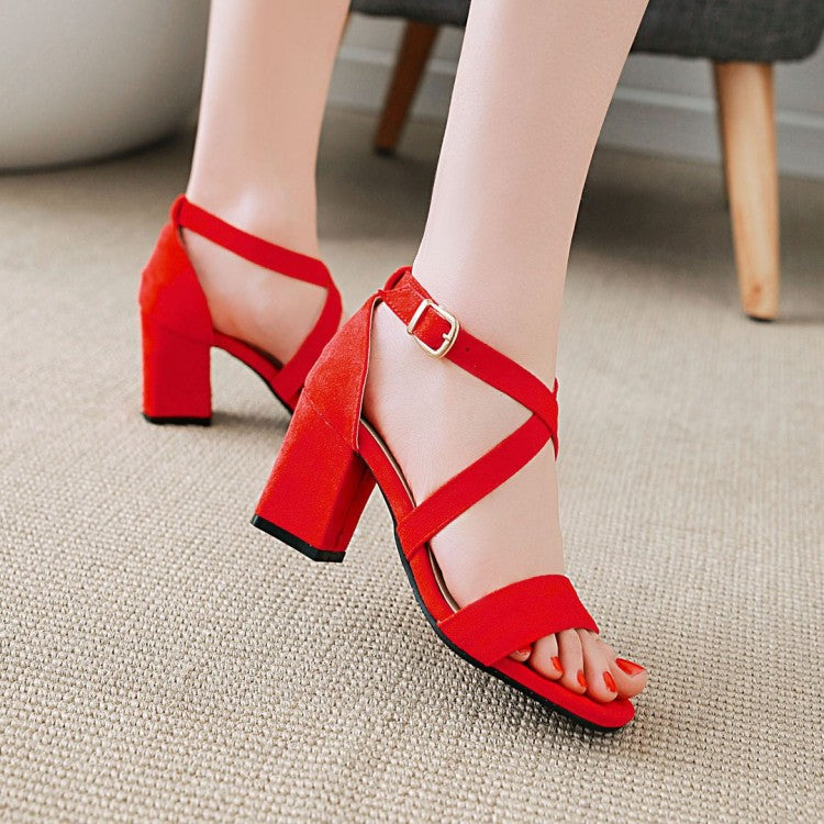 Women Solid Color Suede Cross Ankle Strap Block Heel Sandals