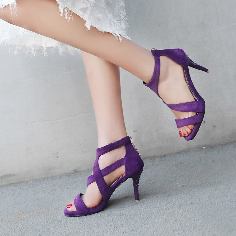 Women Frosted Solid Color Ankle Wrap Stiletto Heels Sandals