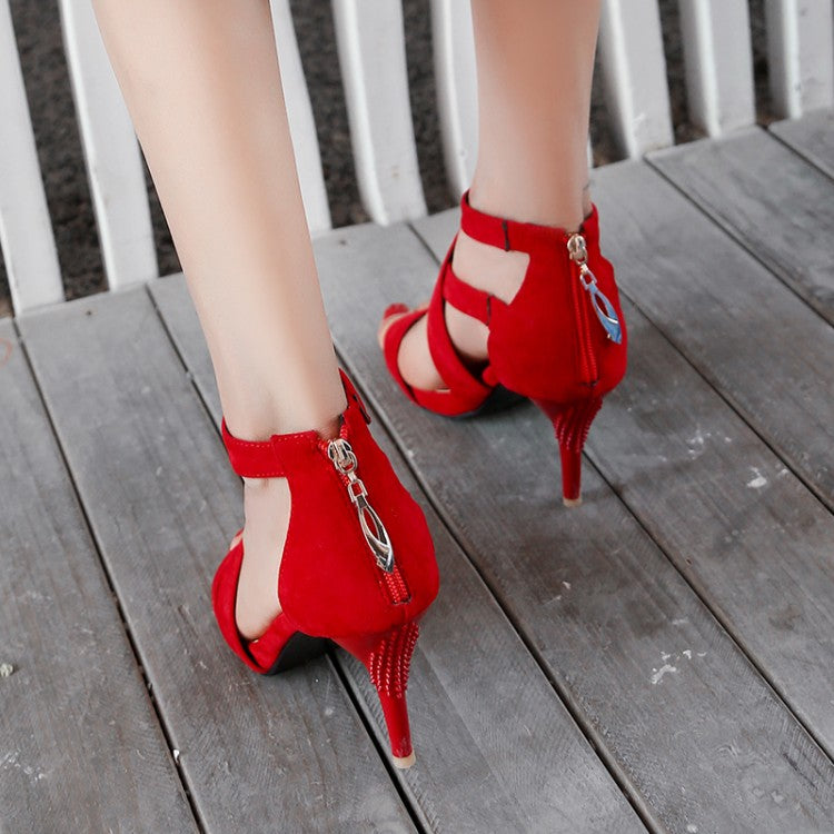 Women Frosted Solid Color Ankle Wrap Stiletto Heels Sandals