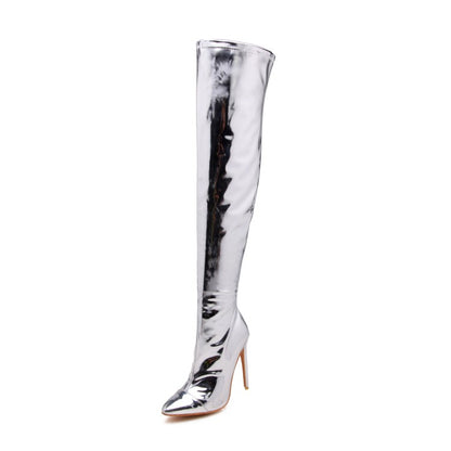 Women Patent Leather Pointed Toe Side Zippers Stiletto Heel Over the Knee Boots