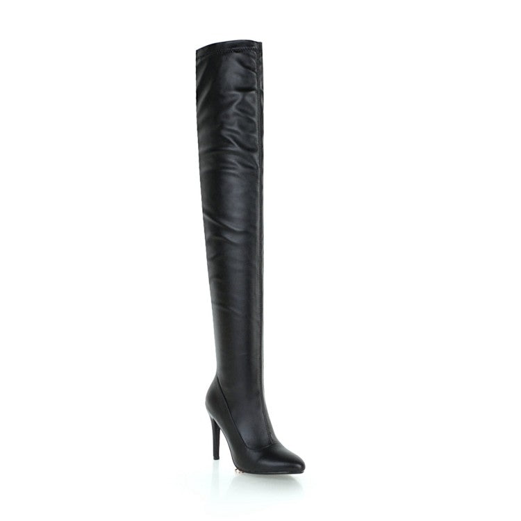 Women Pu Leather Pointed Toe Stitching Stiletto Heel Over the Knee Boots