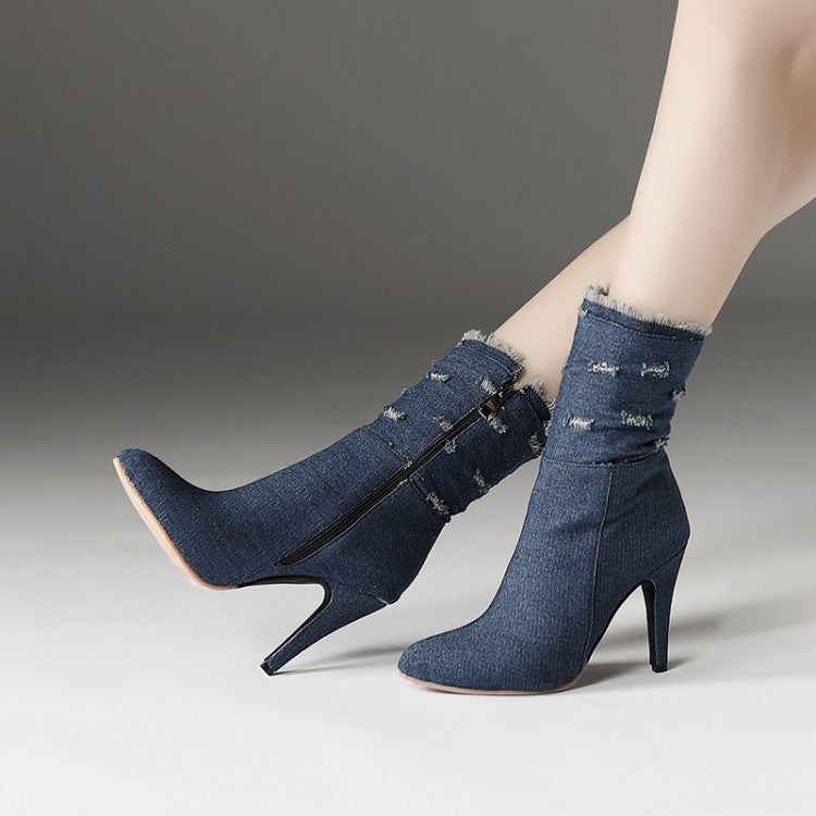 Women Pointed Toe Denim High Heels Short Boots