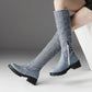 Women Denim Mid Heel Knee High Boots