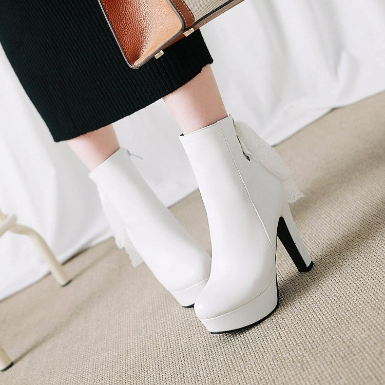 Women Pu Leather Back Tied Lace Chunky Heel Platform Short Boots