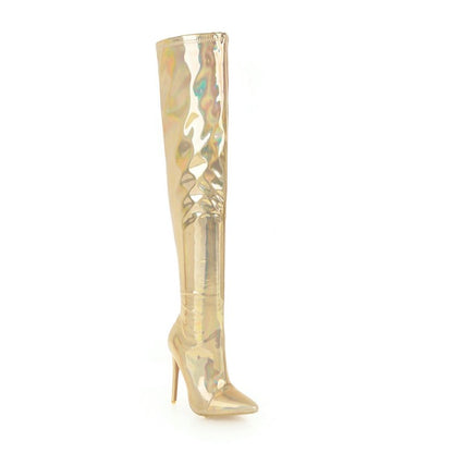 Women Bling Bling Pointed Toe Side Zippers Stiletto Heel Over the Knee Boots