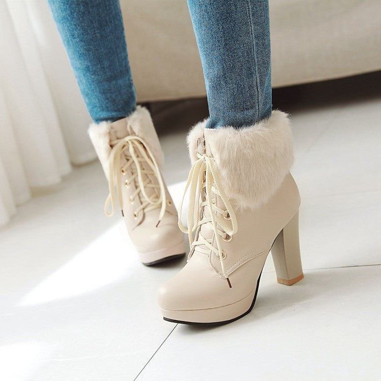 Motorcycle Boots Fur Collar Lace Up Winter High Heels Women Shoes