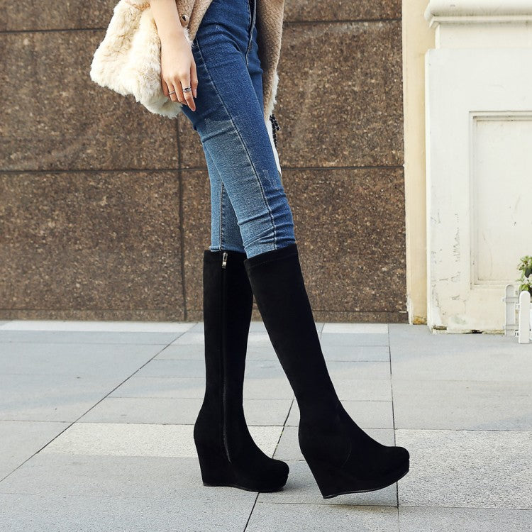 Round Toe Genuine Leather Knee High Boots Wedges Black Shoes Fall|Winter 6989