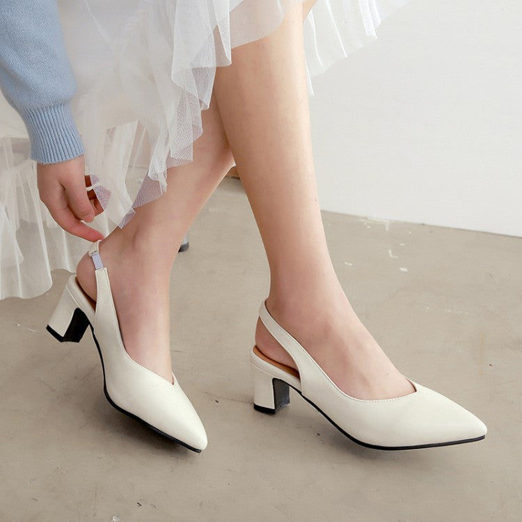 Women Solid Color Pointed Toe Chunky Heel Medium Block Heel Slingbacks Sandals
