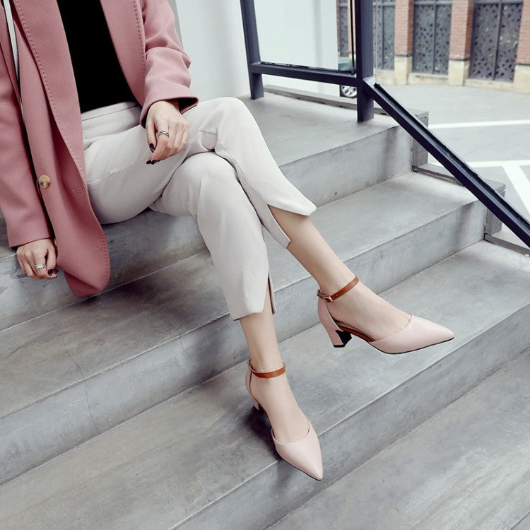 Women Shallow Pointed Toe Ankle Strap Medium Block Heel Sandals