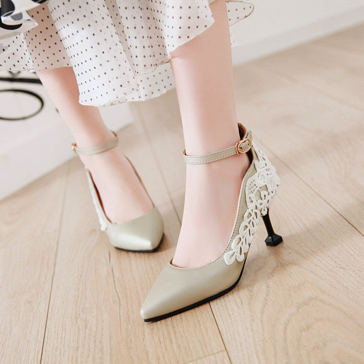 Women Poinetd Toe Lace Ankle Strap High Heels Stiletto Pumps