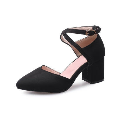 Women SuedePointed Toe Color Block Ankle Strap Block Heel Sandals