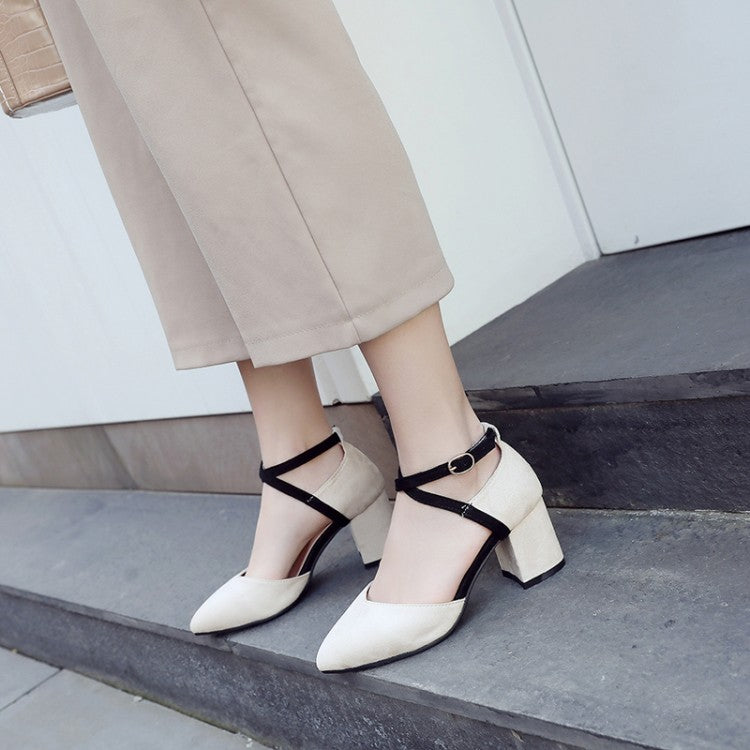 Women SuedePointed Toe Color Block Ankle Strap Block Heel Sandals