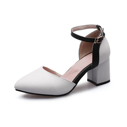 Women Pointed Toe Color Block Ankle Strap Hollow Out Block Heel Sandals
