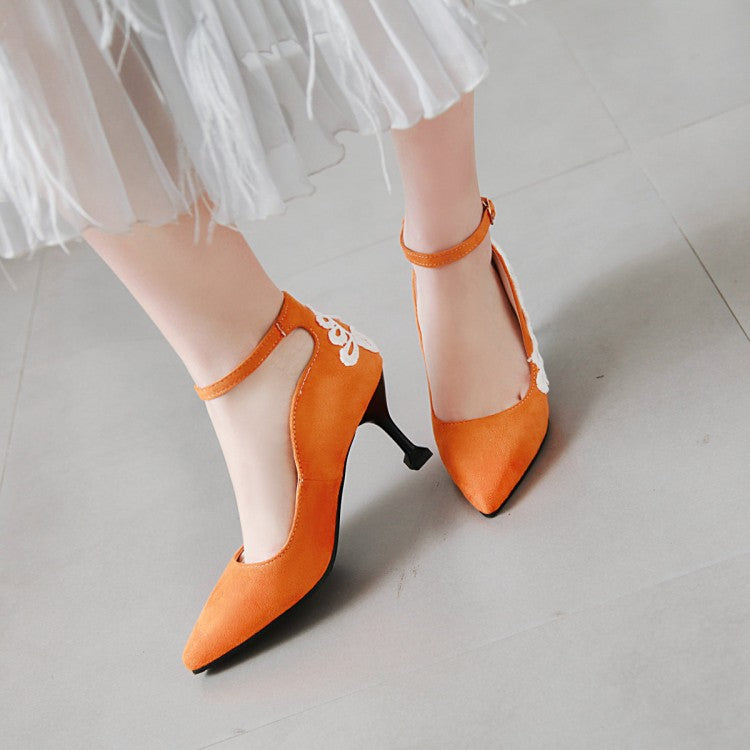 Women Pointed Toe Lace High Heels Stiletto Pumps