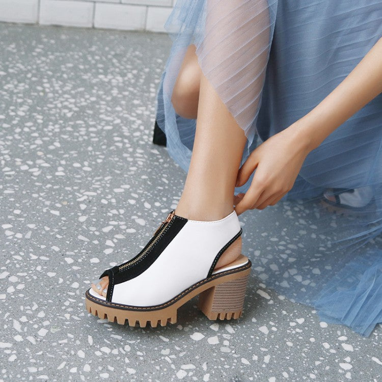 Women Color Block Peep Toe Chunky Heel Platform Sandals