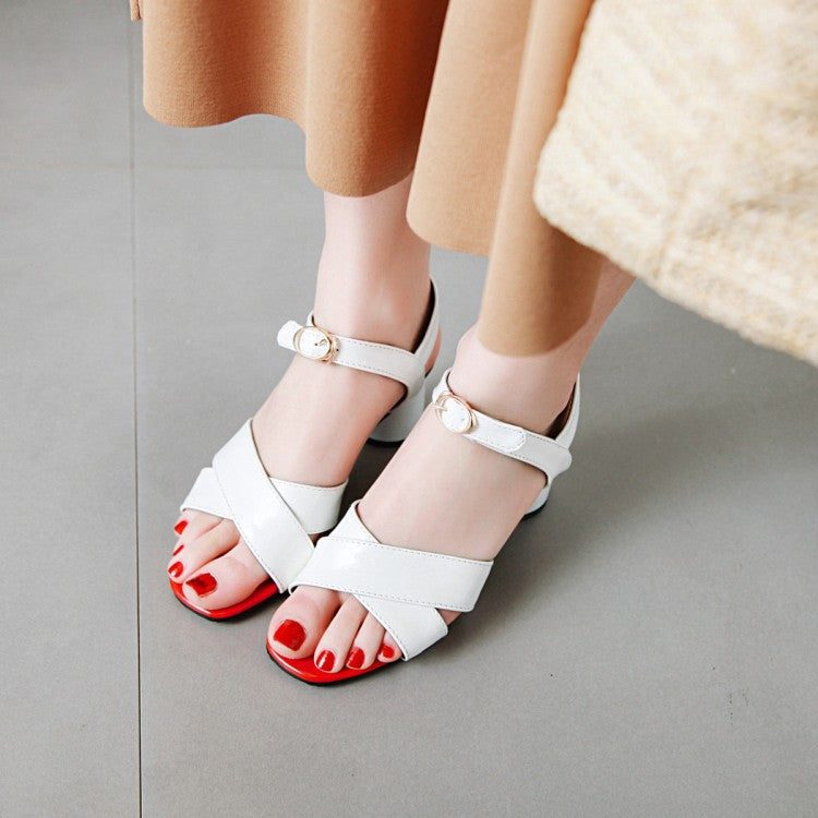 Women Peep Toe Patent Leather Block Heels Sandals