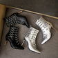 Women Pointed Toe Metal Lace Up Stiletto Heel Short Boots