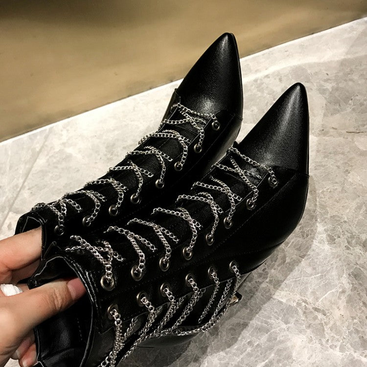 Women Pointed Toe Metal Lace Up Stiletto Heel Short Boots
