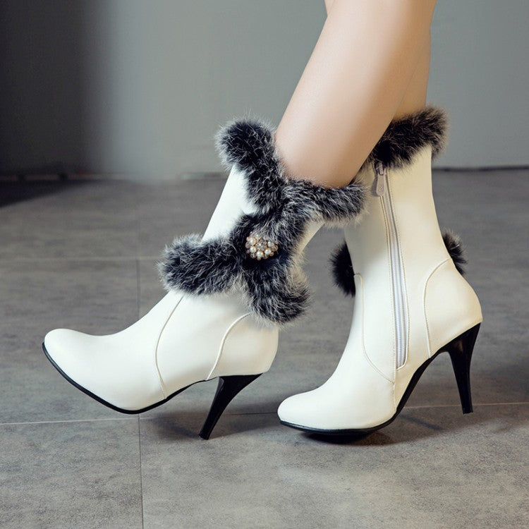 Women Rabbit Fur High Heel Short Boots