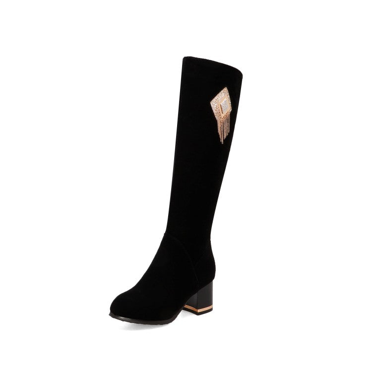 Flock Rhinestone Tassel Block Chunky Heel Knee High Boots for Women