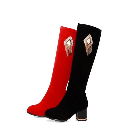Flock Rhinestone Tassel Block Chunky Heel Knee High Boots for Women
