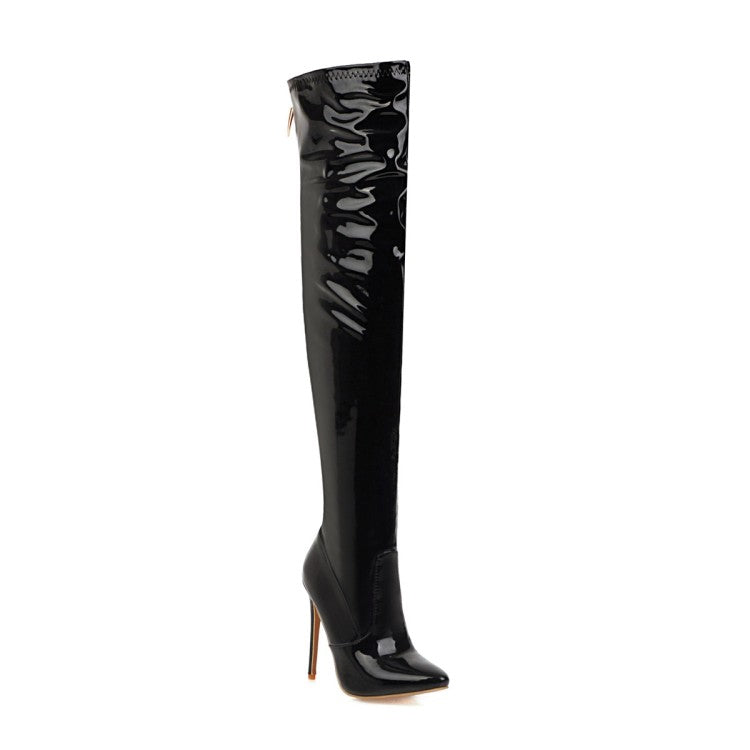 Women Pu Leather Pointed Toe Stitching Back Zippers Stiletto Heel Over the Knee Boots