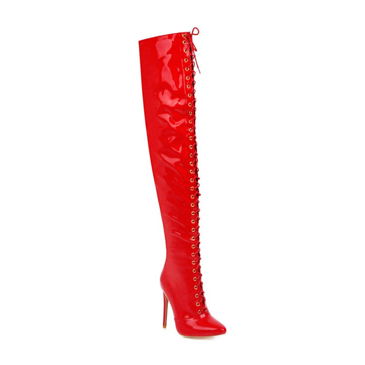 Women Patent Leather Pointed Toe Side Zippers Strappy Stiletto Heel Over the Knee Boots