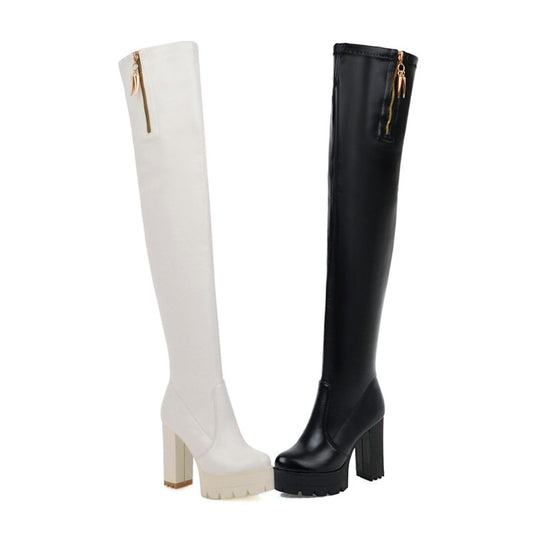 Women Pu Leather Round Toe Side Zippers Chunky Heel Platform Over the Knee Boots