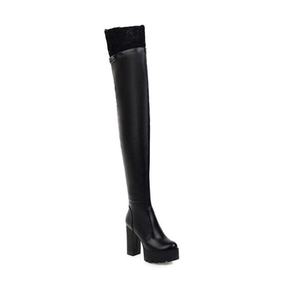 Women Pu Leather Lace Stitching Block Heel Platform Over the Knee Boots