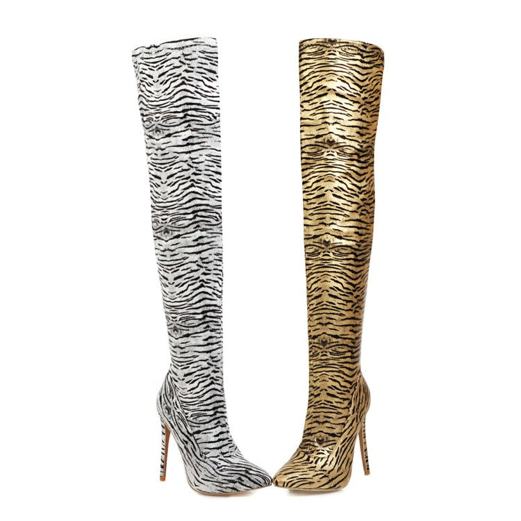 Women Zebra Printed Pointed Toe Stiletto Heel Over the Knee Boots