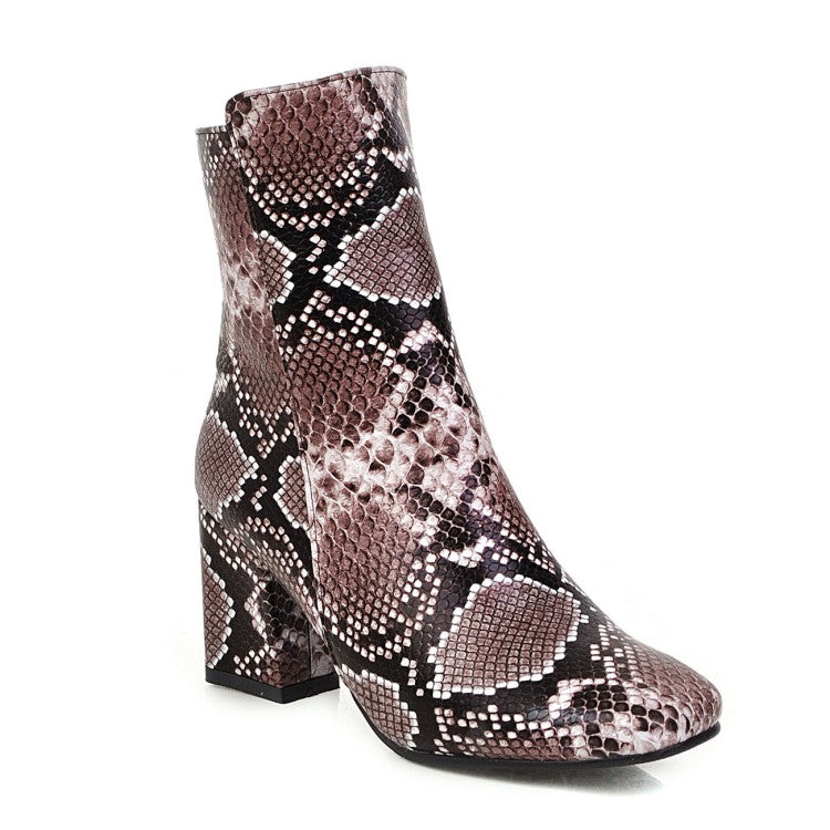 Women Snake Pattern Square Toe Side Zippers Block Heel Short Boots