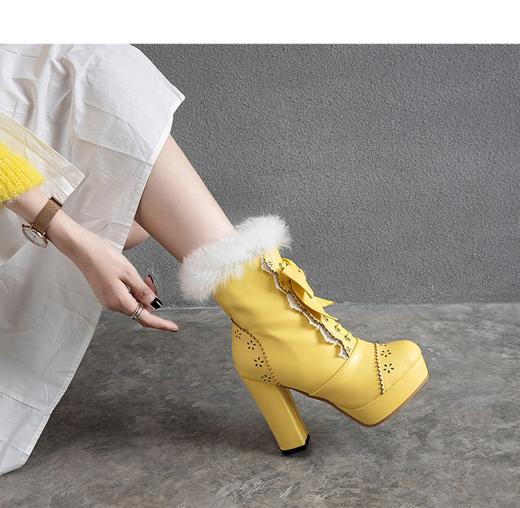 Fur Bow Tie Platform Ankle Boots High Heel Shoes