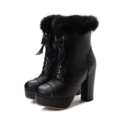 Fur Bow Tie Platform Ankle Boots High Heel Shoes