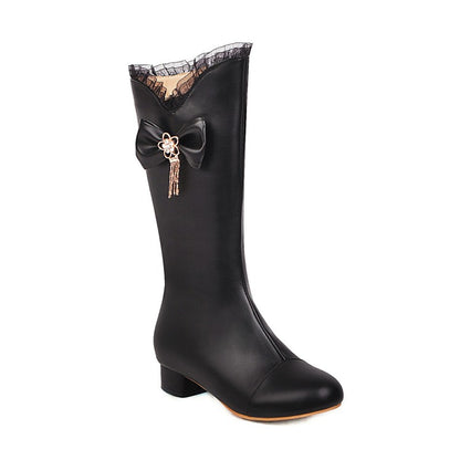 Women Bow Lace Low Heel Mid Calf Boots