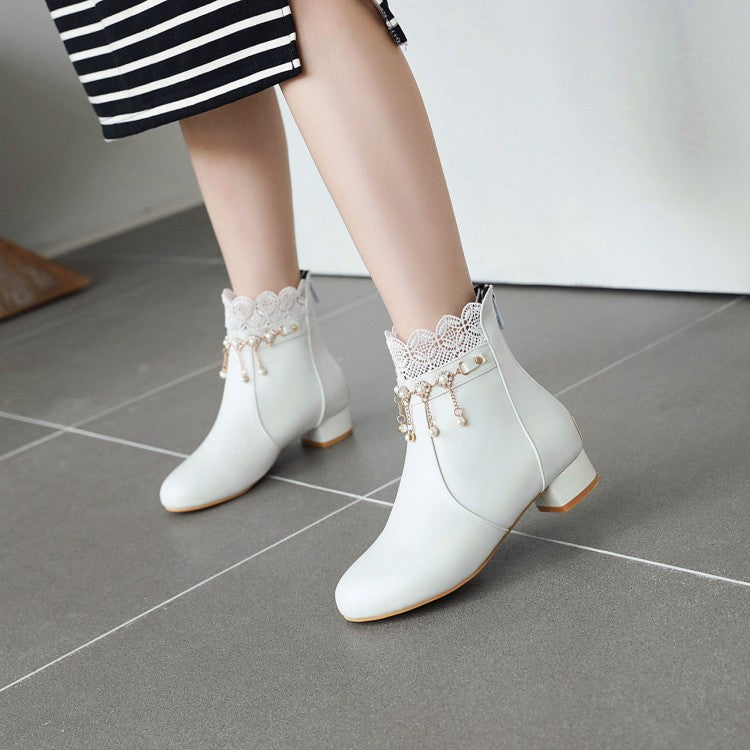 Women Lace Pearls Tassel Low Heel Short Boots
