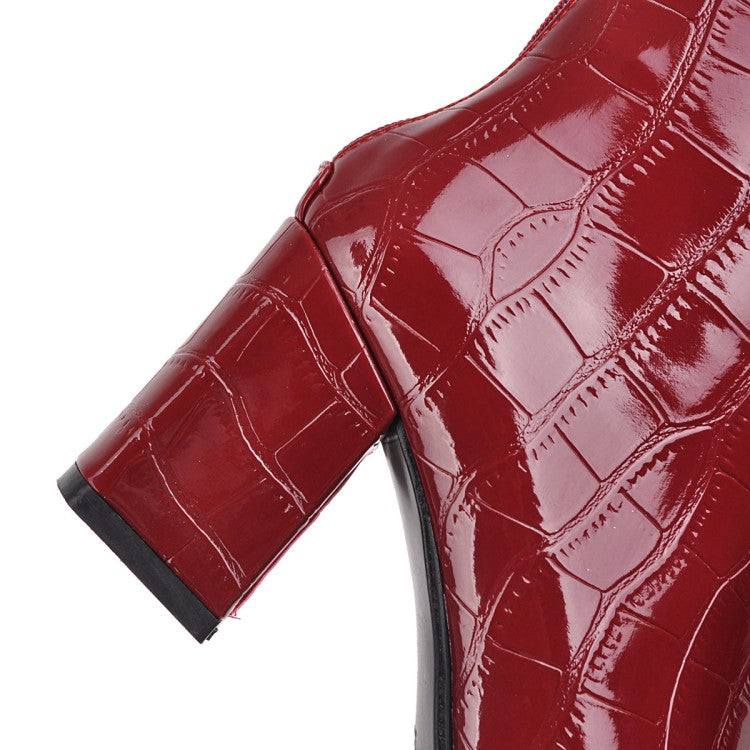 Women Crocodile Pattern Pu Leather Square Toe Block Heel Short Boots
