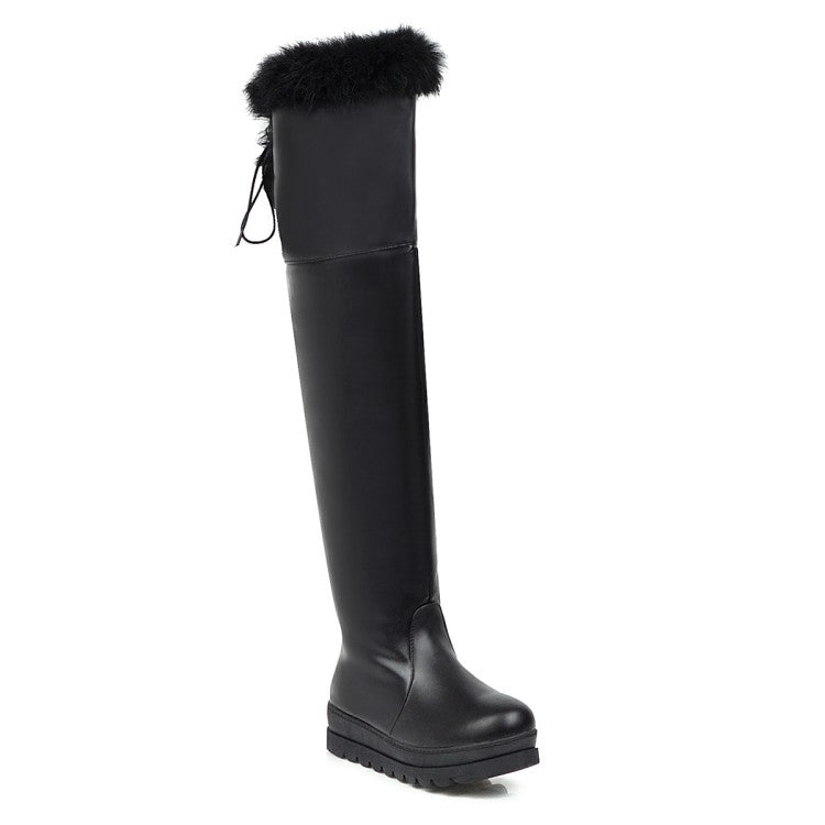 Women Fur Platform Wedges Heels Knee High Boots