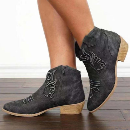Women Pointed Toe Embroidery Side Zippers Puppy Heel Short Boots
