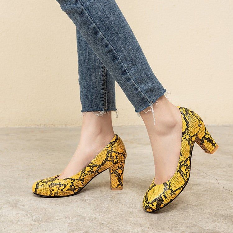 Women Snake-printed Block High Heels Pumps