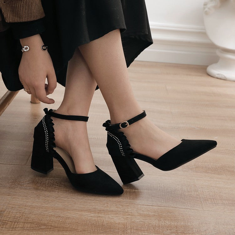 Women Suede Ruffles Pointed Toe Block Heel Sandals