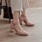 Women Suede Ruffles Pointed Toe Block Heel Sandals
