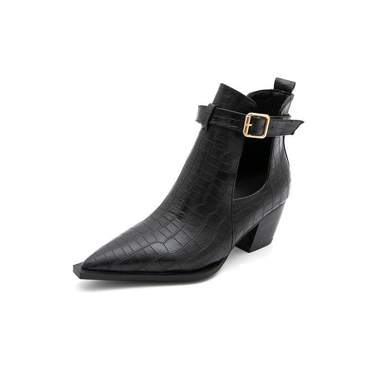 Crocodile Pattern Pointed Toe Buckle Straps Block Chunky Heel Short Boots for Women
